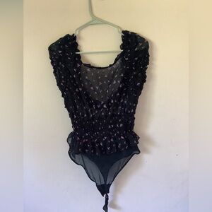 Free People Black Sheer Bodysuit with Red Floral Details